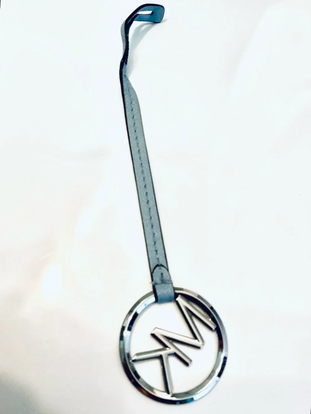 MICHAEL KORS, Silver MK Circle Keyring with Pale Blue Leather Strap